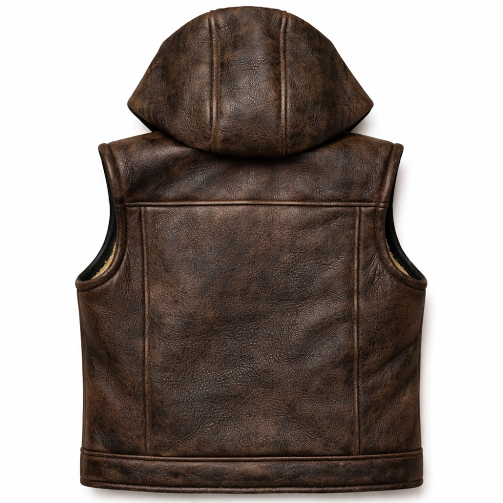 warm brown hooded shearling vest sleeveless jacket men
