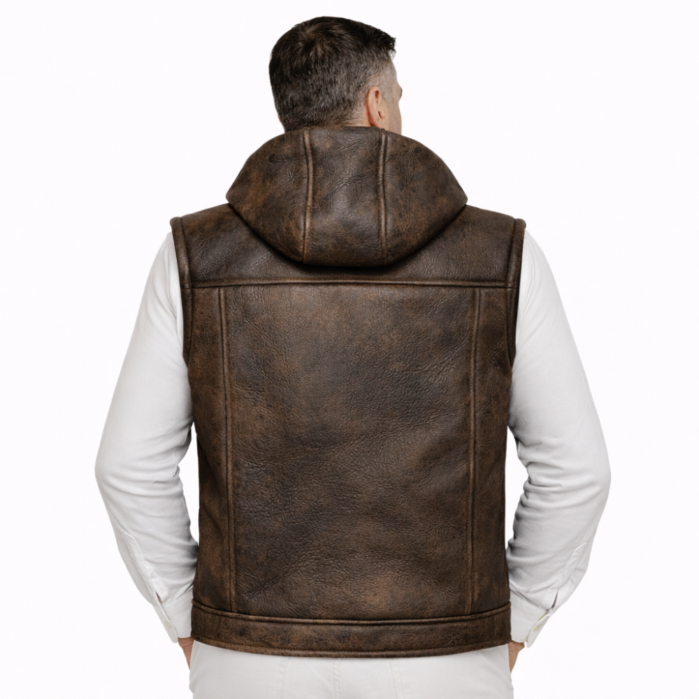 brown leather vest with hood and shearling lining for men