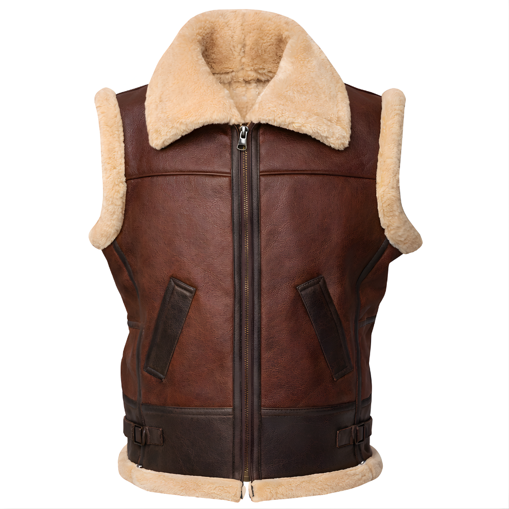 stylish brown B3 shearling leather vest men winter wear