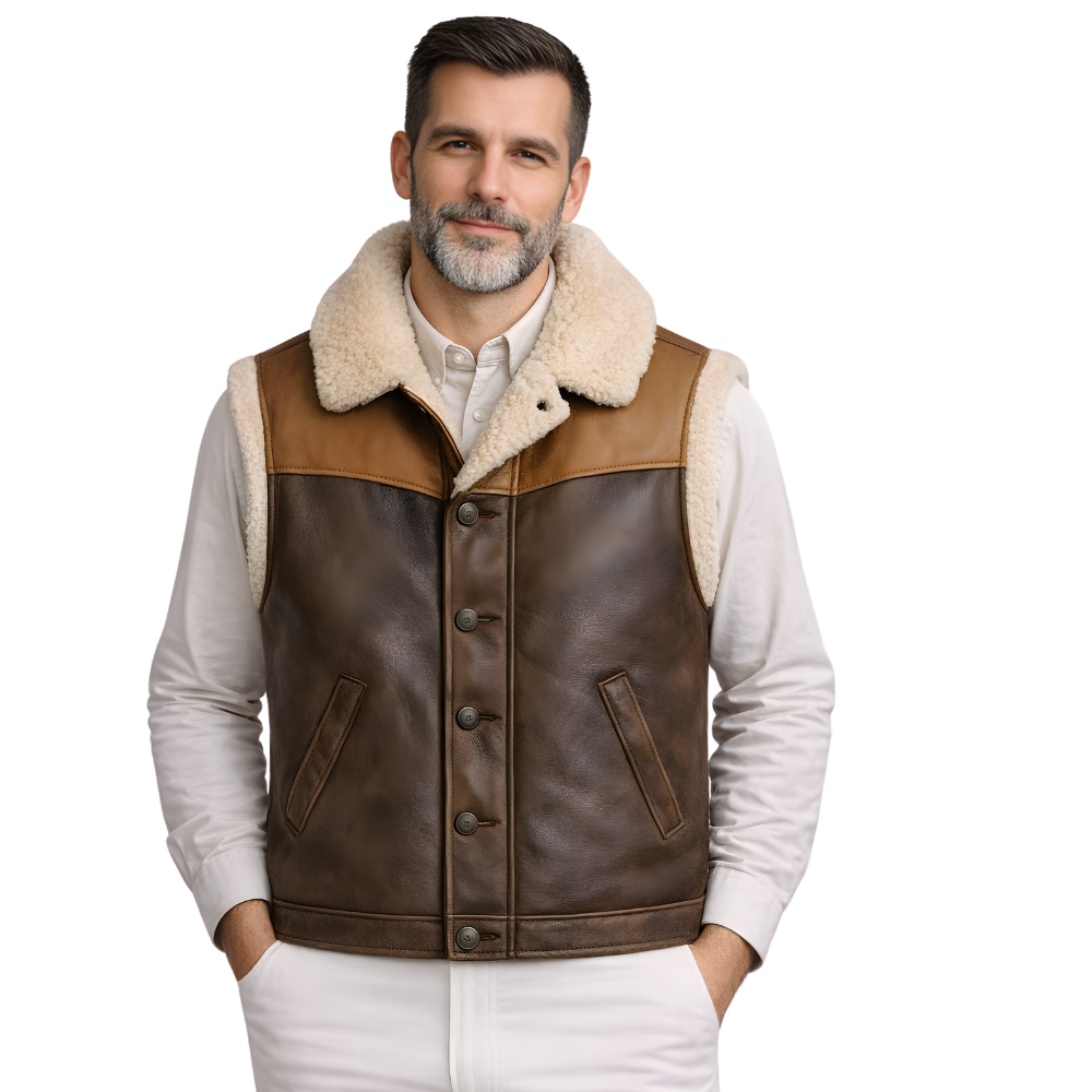 premium brown leather biker vest with shearling lining for men rugged style
