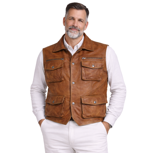 brown leather safari vest for men riding