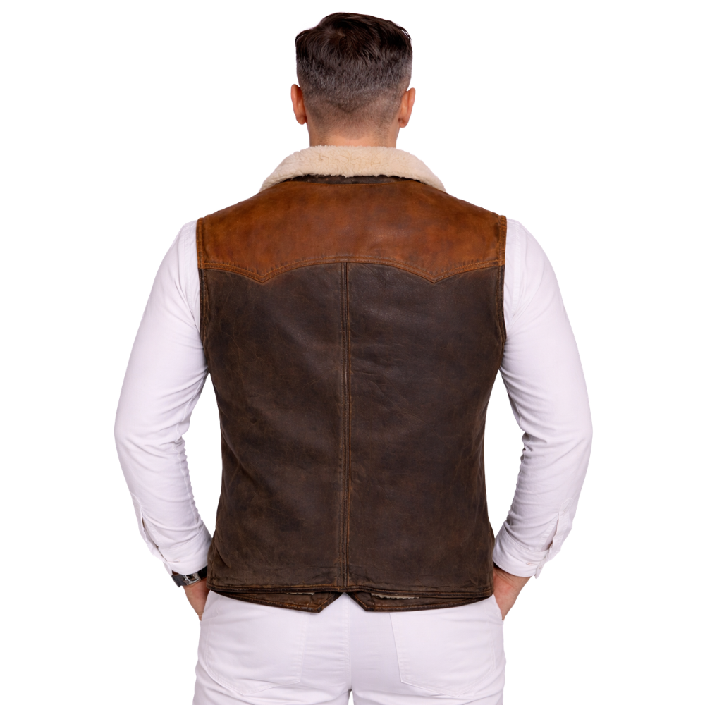warm brown leather vest shearling lined sleeveless jacket men