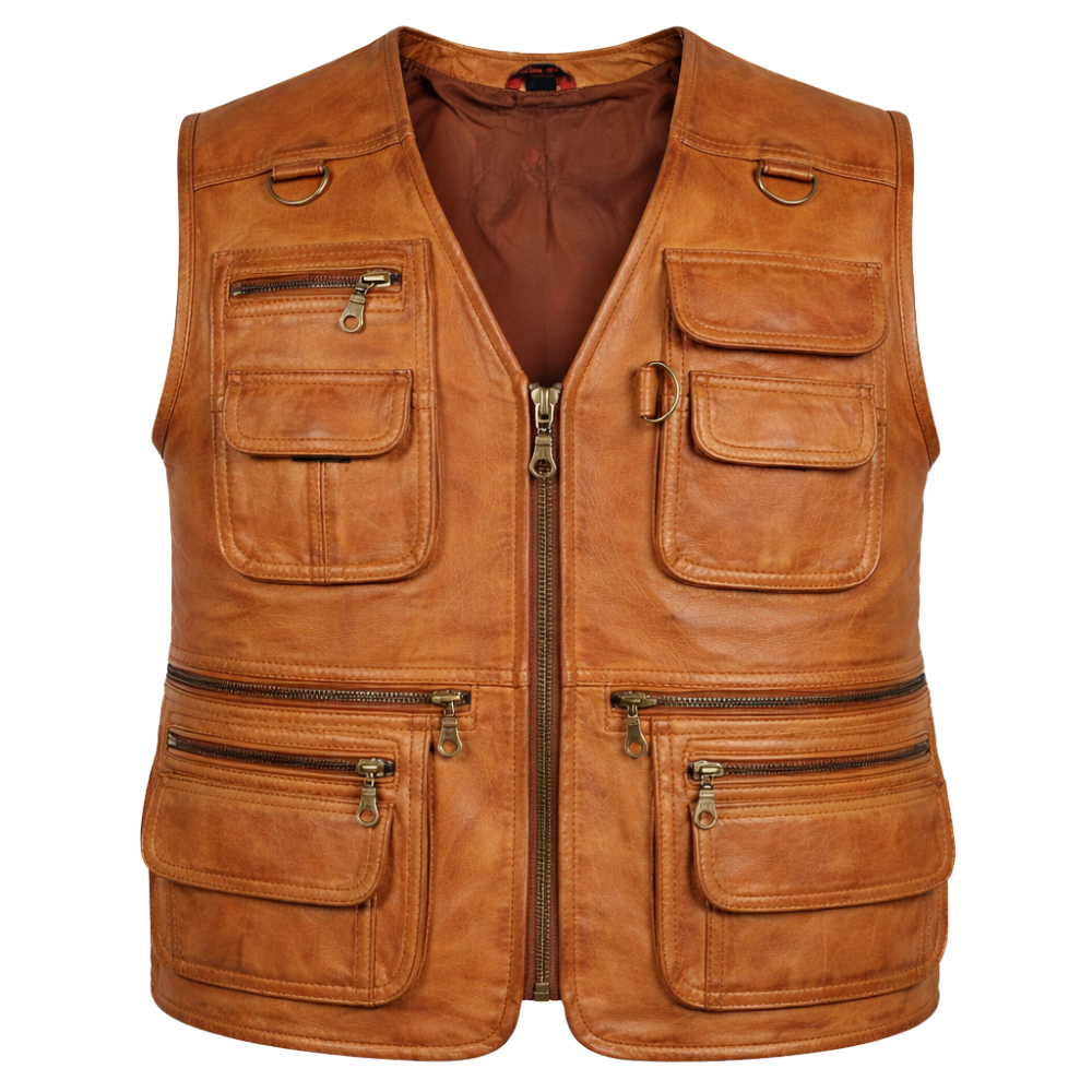 stylish brown multi pocket leather vest utility style men