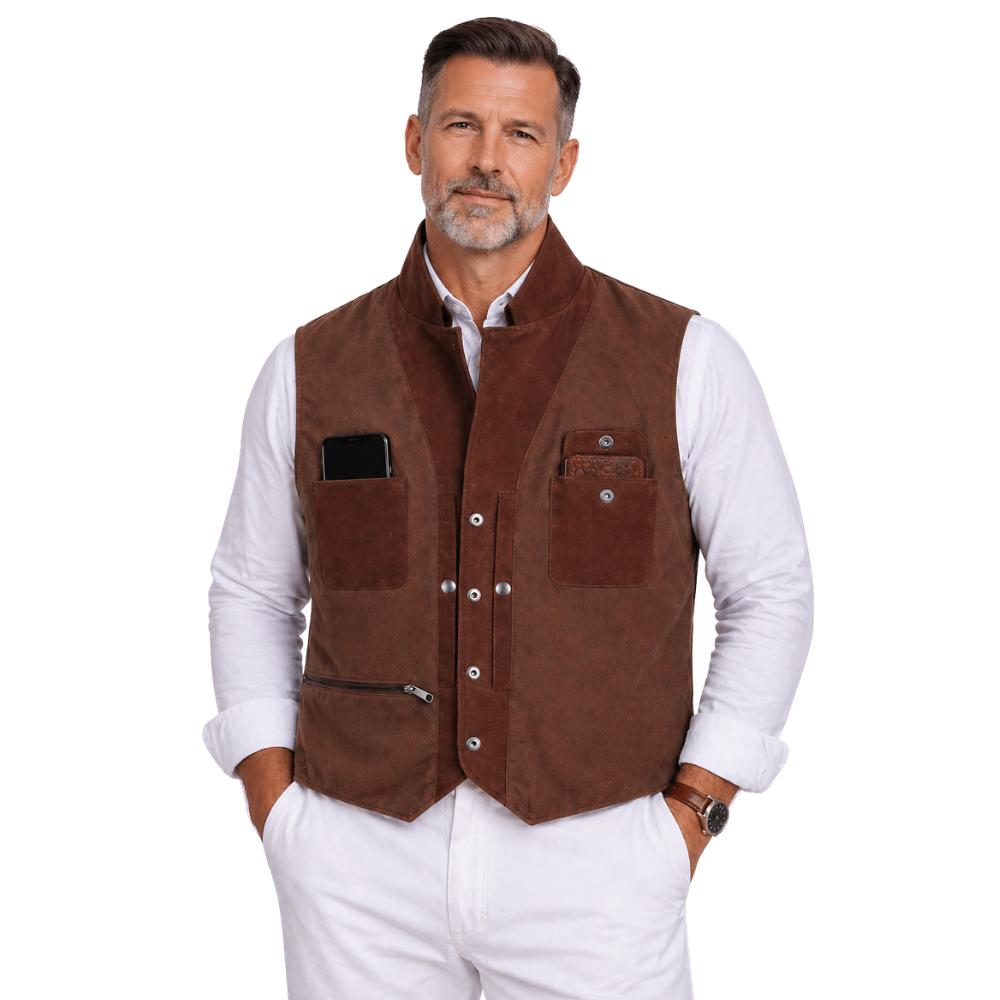 brown western leather vest with multiple pockets for men