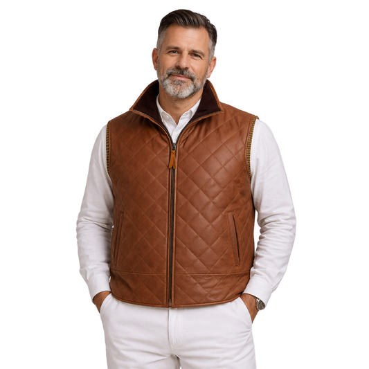 brown quilted biker leather vest for riding