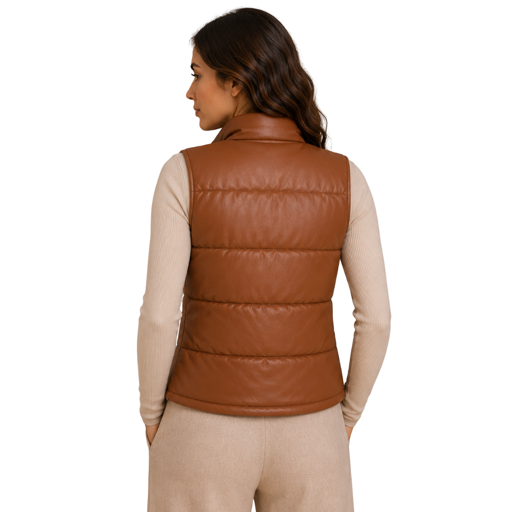 Sleeveless brown puffer vest for women with insulated construction