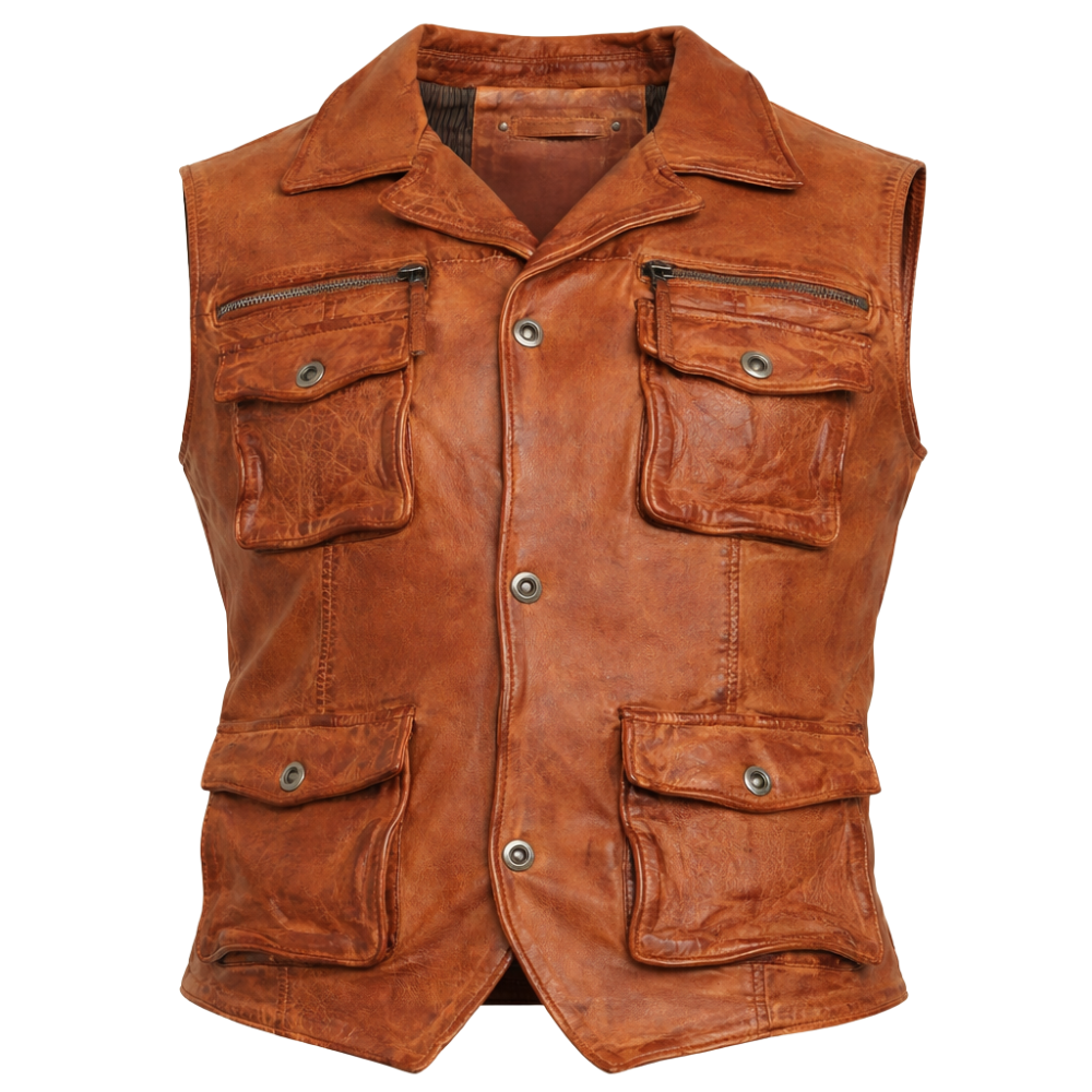 stylish brown leather safari vest sleeveless men outfit