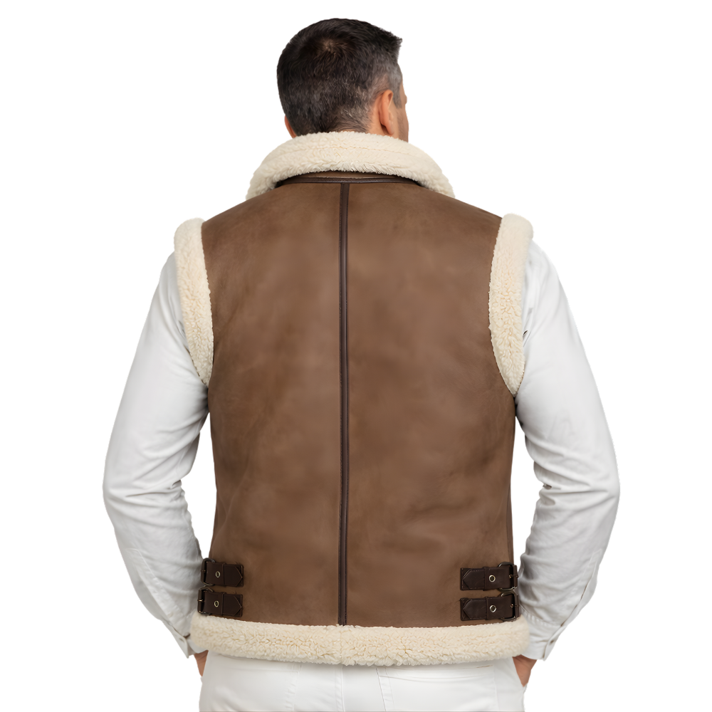 premium brown leather vest with shearling fur collar rugged biker style
