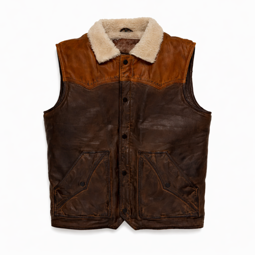 brown leather vest with shearling lining for men