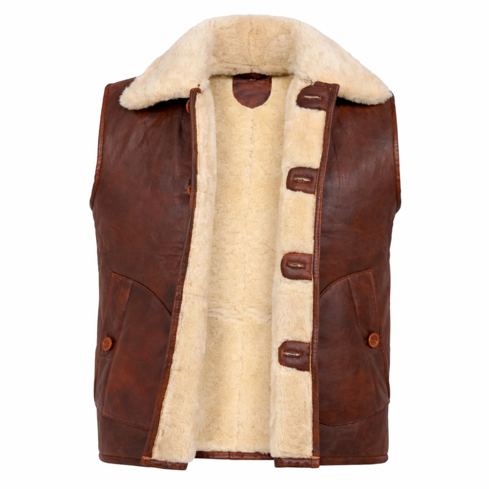 classic brown shearling leather vest vintage men fashion