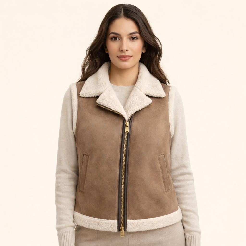 Brown sheepskin fur vest with white shearling