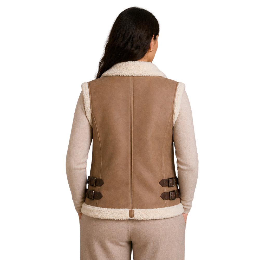 brown sheepskin leather vest with shearling fur for women
