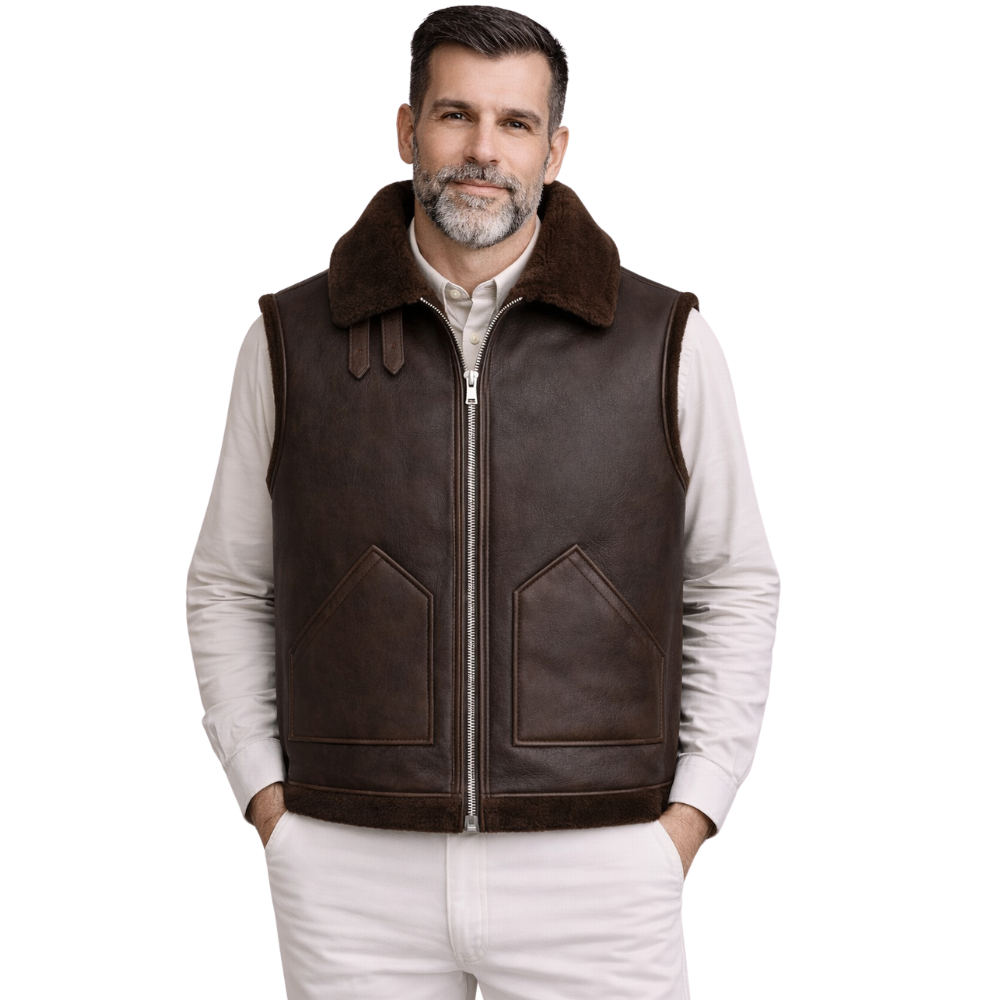 brown sheepskin leather vest with shearling lining for men