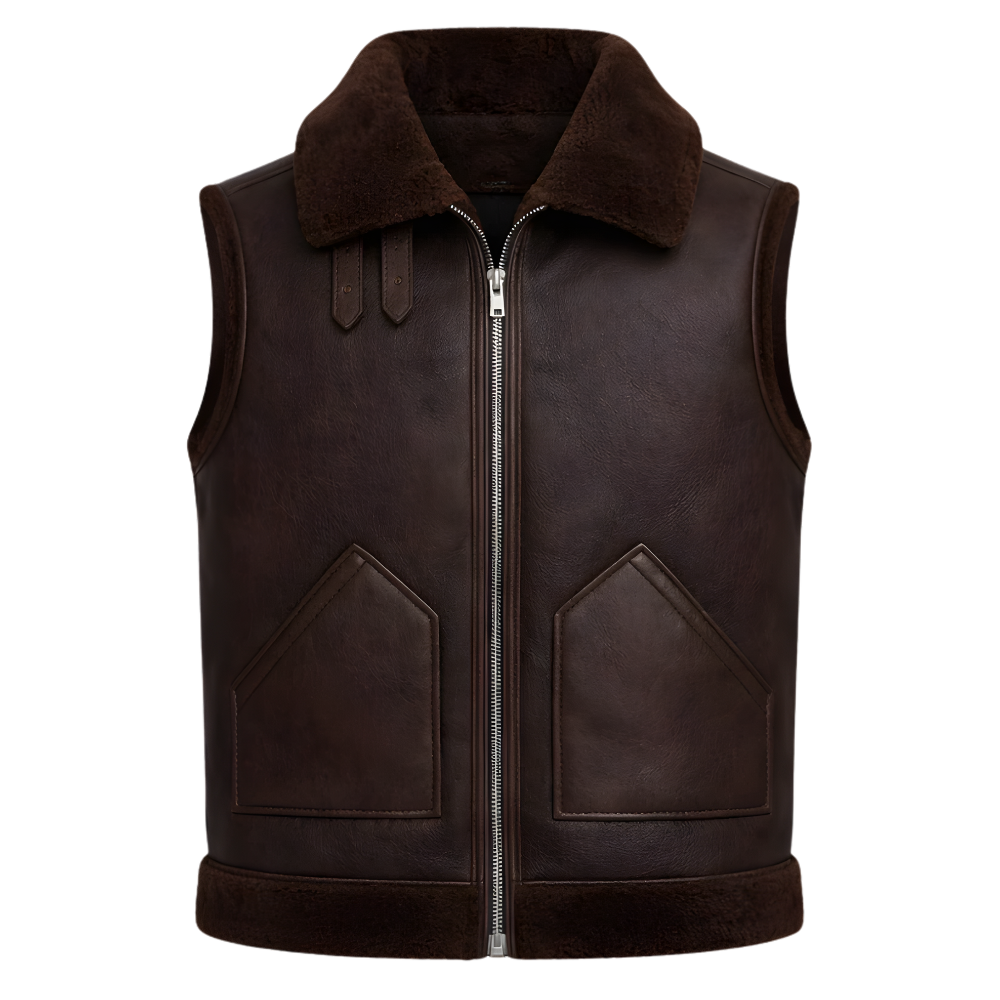 warm brown sheepskin shearling vest sleeveless jacket men