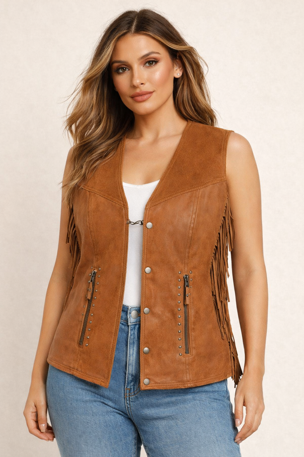 Brown sleeveless fringe jacket for women