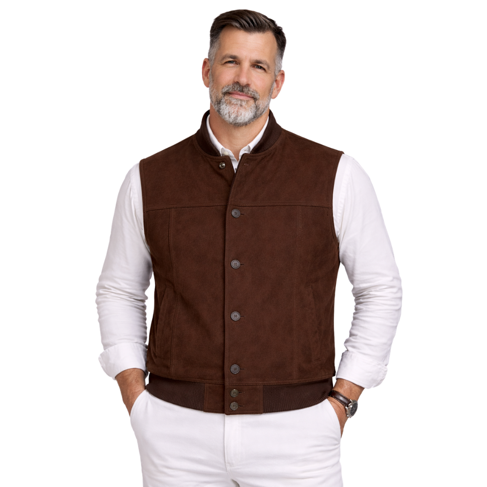 brown suede bomber vest for men stylish outfit