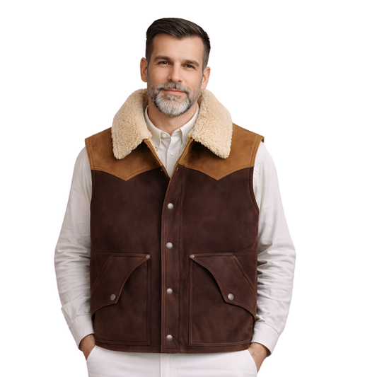 brown tan dual tone suede shearling vest for men
