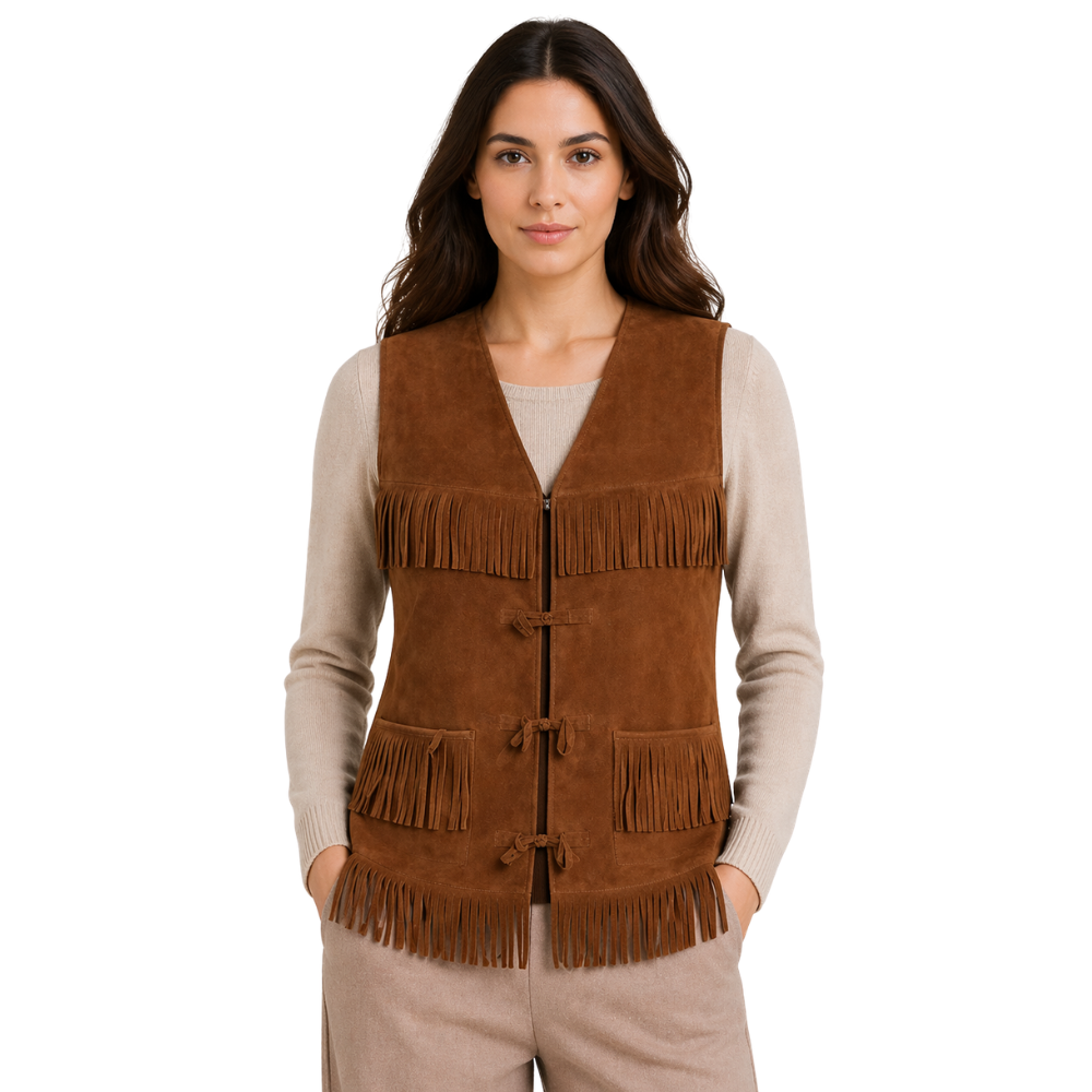 brown suede western vest with tassel details cowboy style