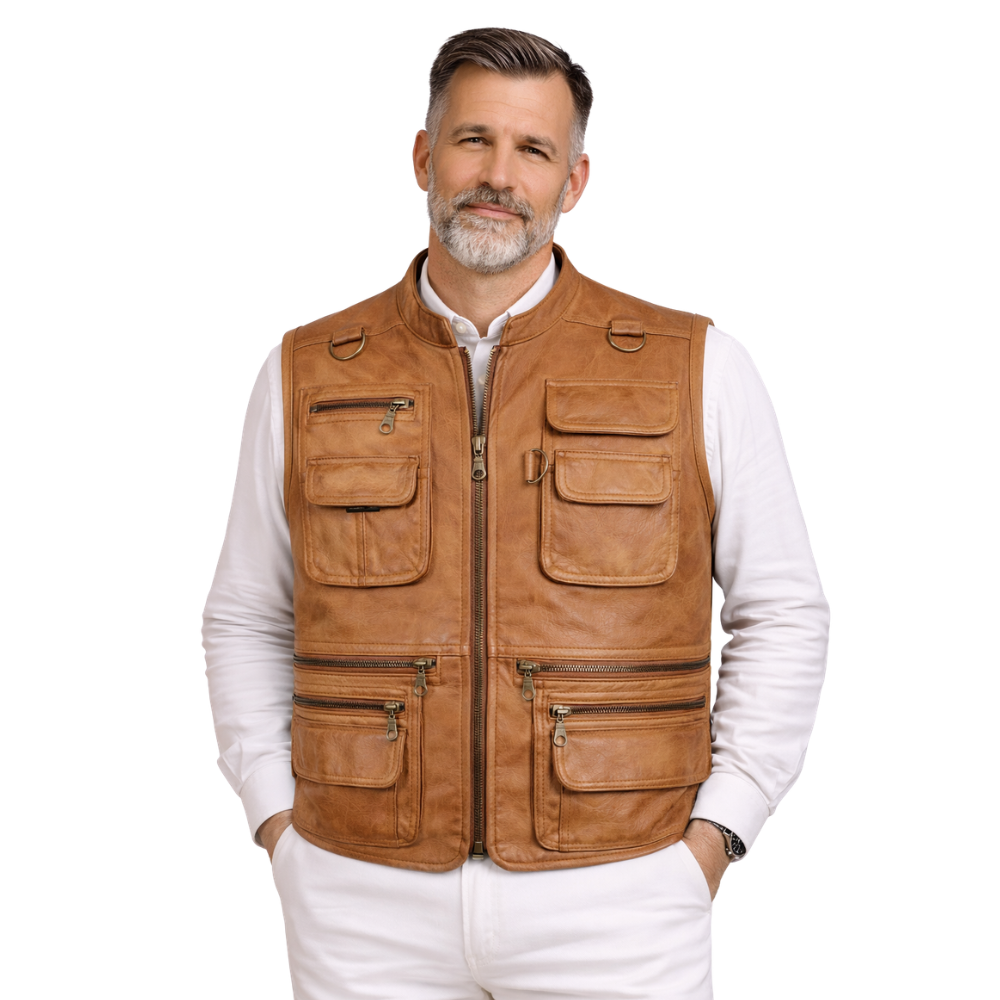 brown utility leather vest multi pocket style for men