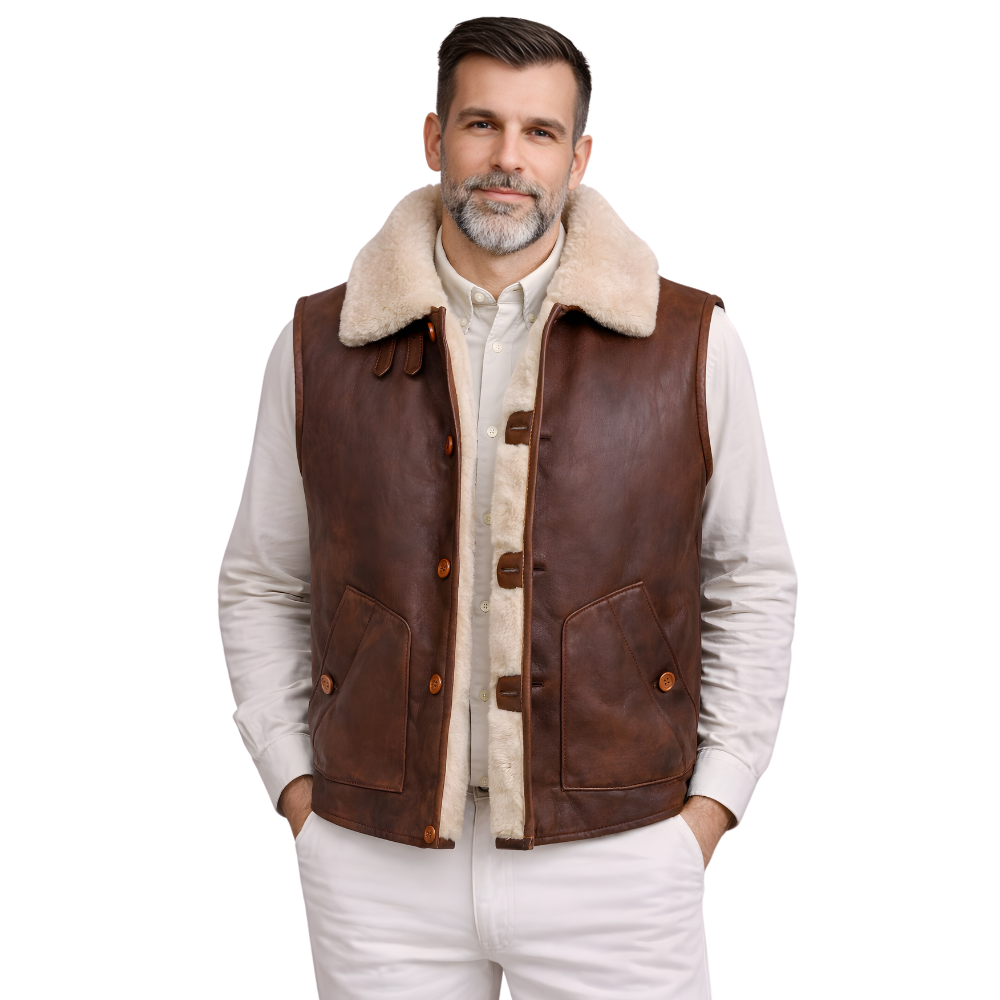 brown vintage shearling leather vest for men