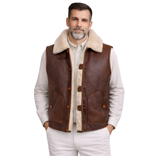 brown vintage shearling leather vest for men