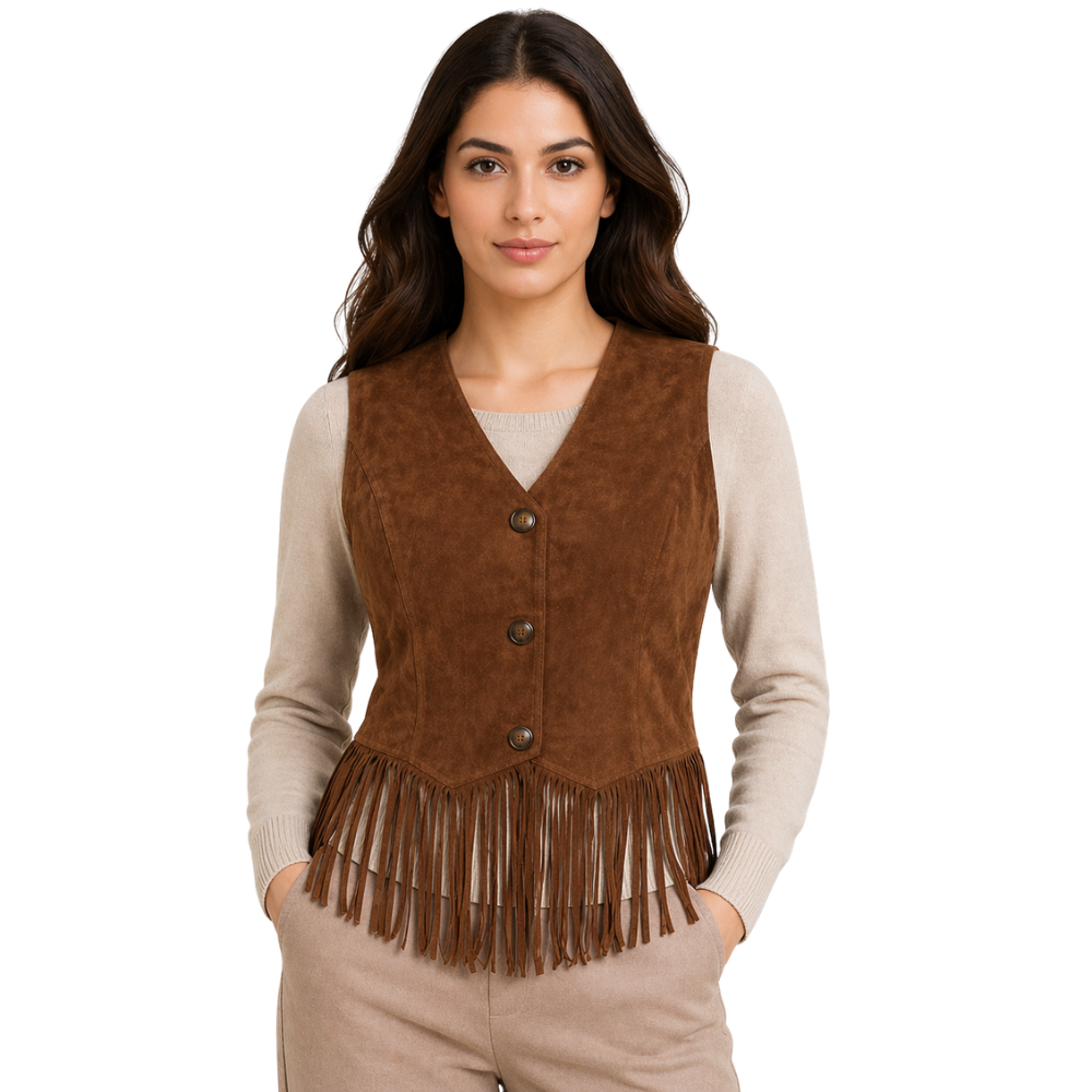 brown fringe leather vest for women western cowboy style