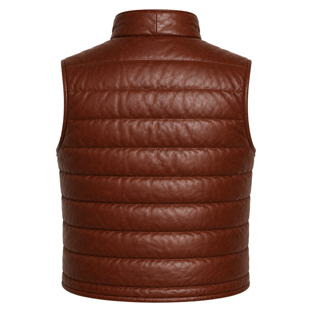 Brown zip-up insulated leather vest