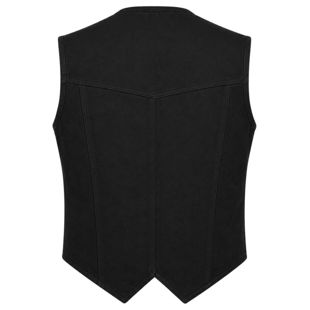 Sleeveless black leather vest with button closure