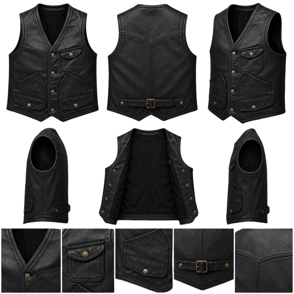 Classic black leather waistcoat for motorcycle riders