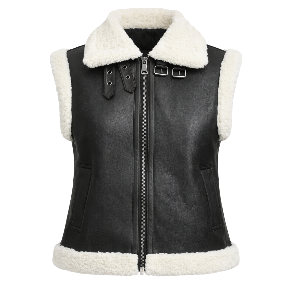 Cozy black faux-leather aviator vest for casual layering