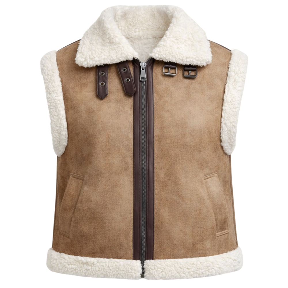 Cozy tan faux-shearling aviator vest for casual layering