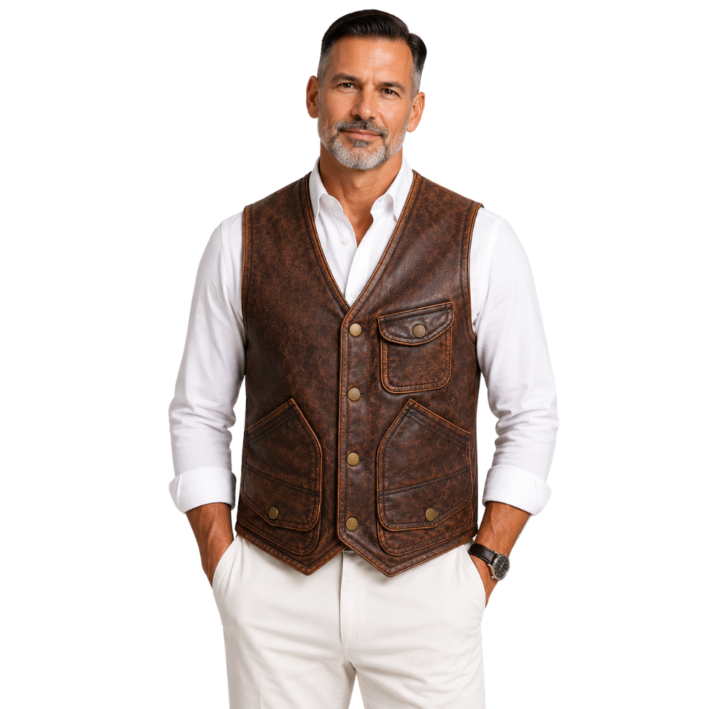 Men’s distressed brown leather vest front view
