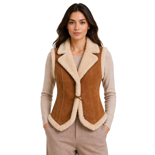 Button-up suede vest with fur collar, sleeves, and hem