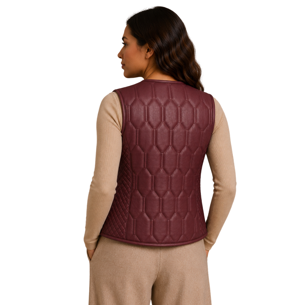 Geometric quilted leather vest for women front view