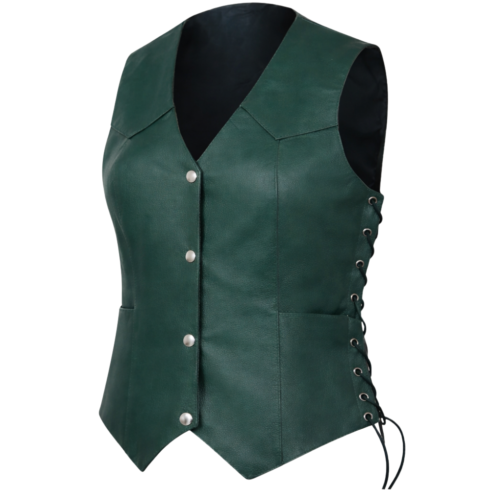 premium green leather vest for women biker outfit