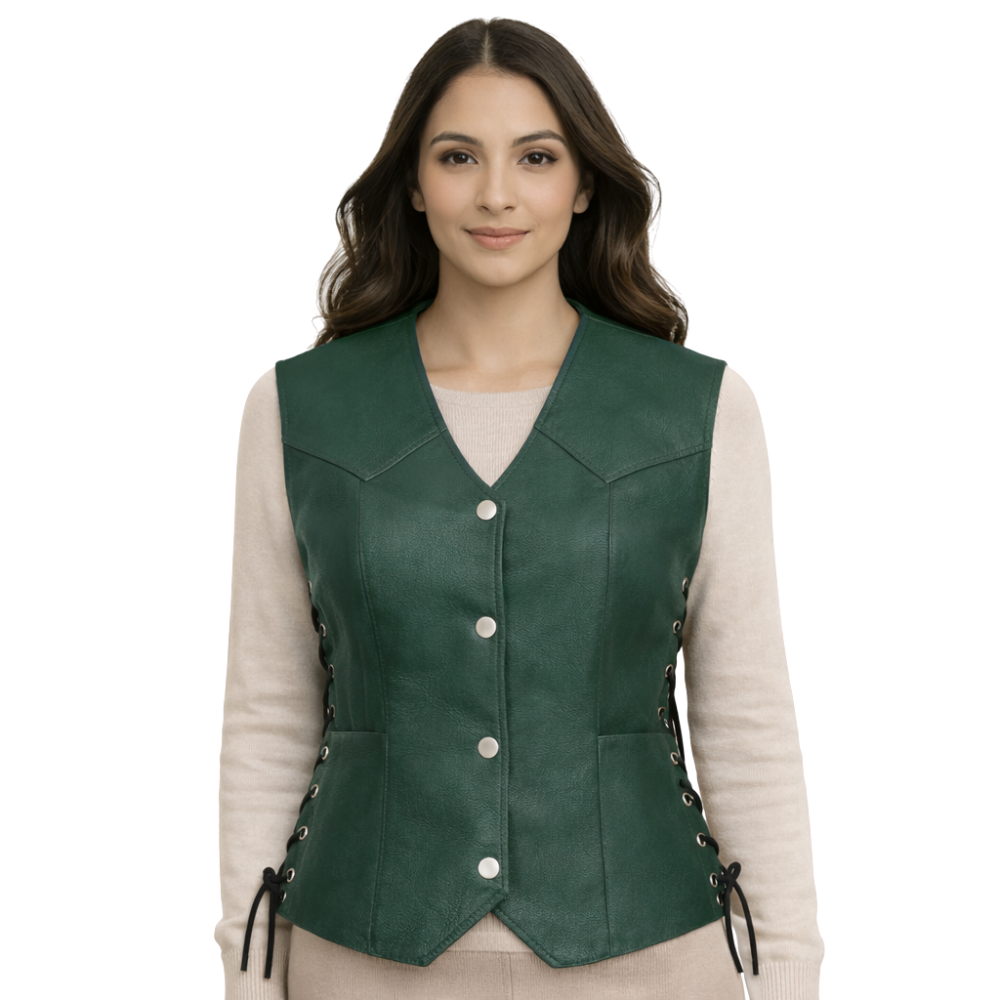 green leather biker vest for women riding style