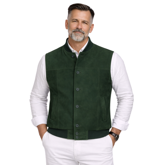 green suede bomber vest for men stylish outfit