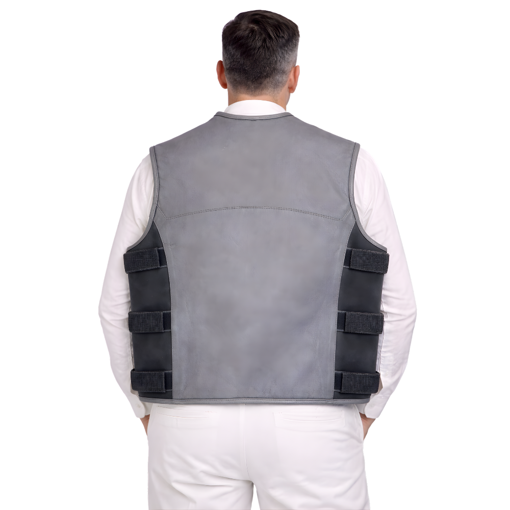 stylish grey leather motorcycle vest for men