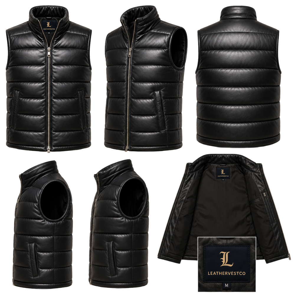 Black quilted leather winter vest