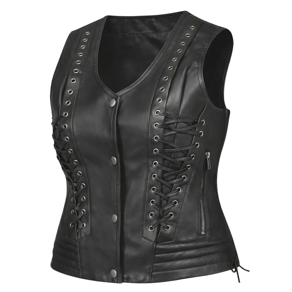 premium black leather vest for women lacey biker design