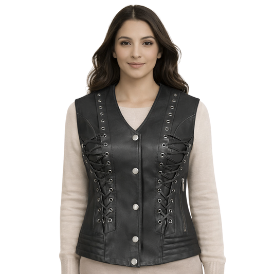 lacey ladies black premium leather biker vest