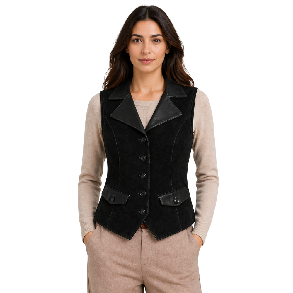 womens black suede leather vest MIA Classic style