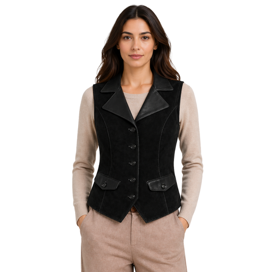 womens black suede leather vest MIA Classic style