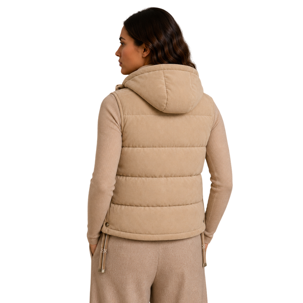 Front view of women's suede puffer vest with hood