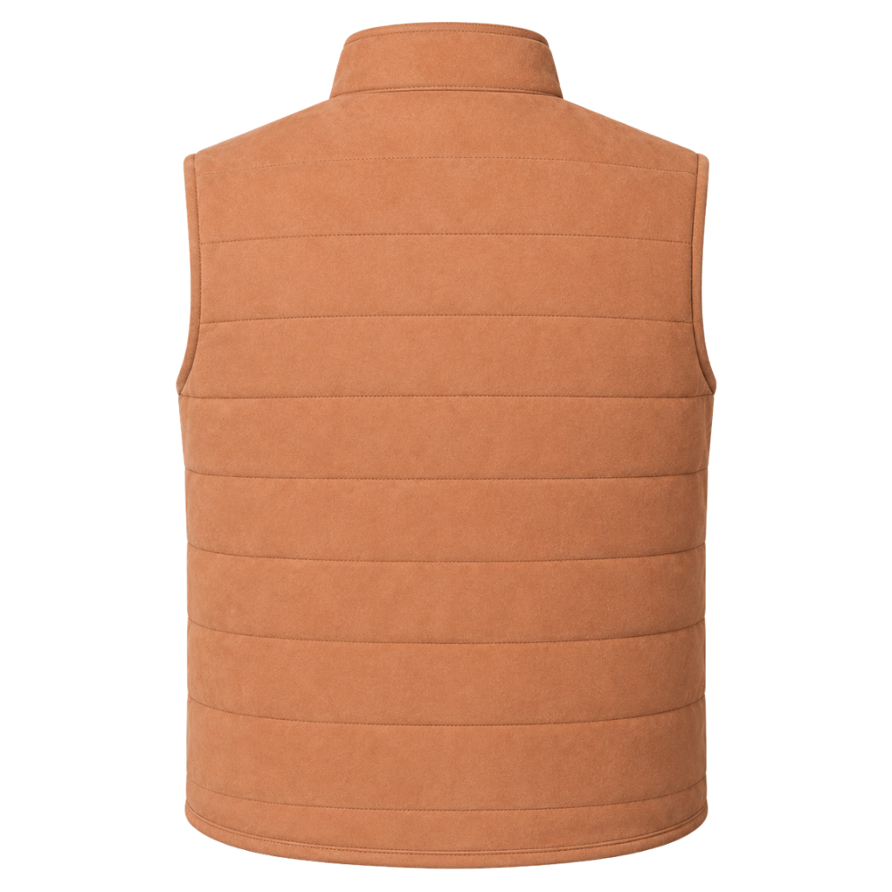 Tan suede zip-up vest with stand collar