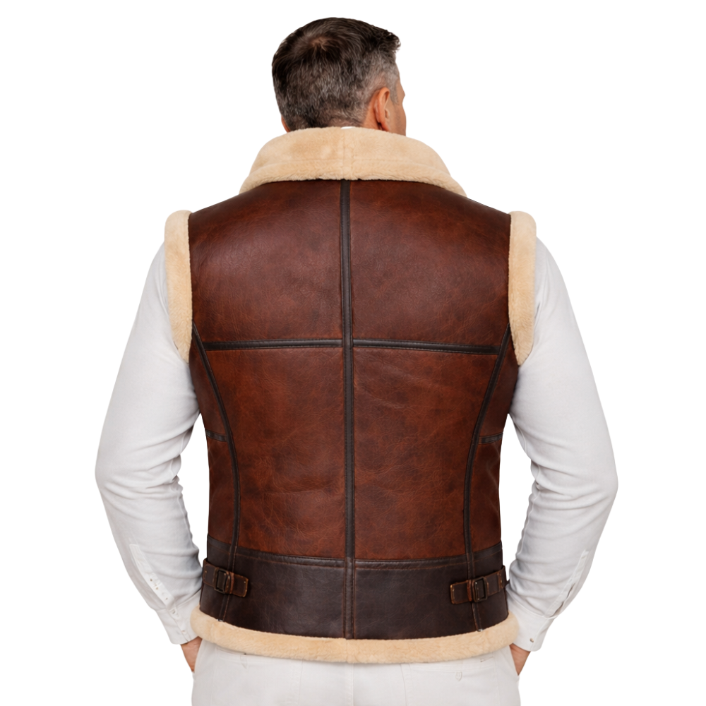 mens B3 bomber vest with shearling lining brown leather