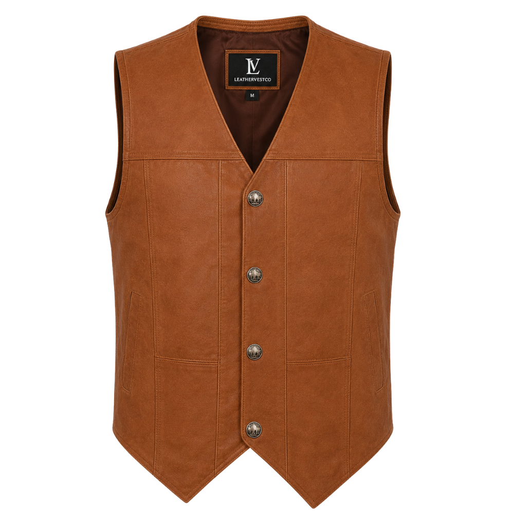 Premium tan biker leather vest with buttons