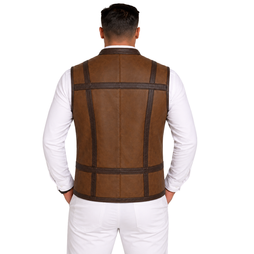 Brown biker utility vest with zipper pockets