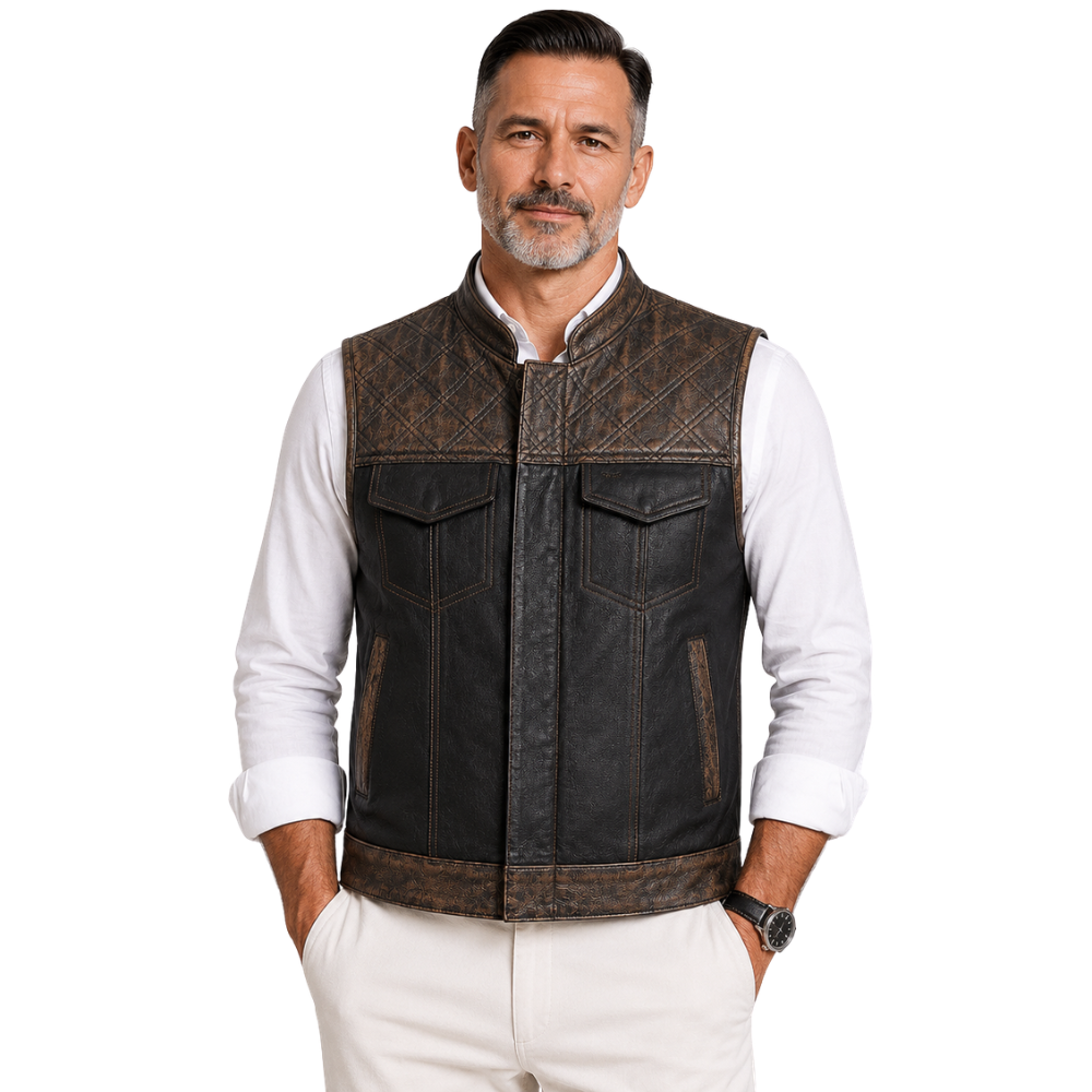 Men’s black and brown sheepskin leather vest front view