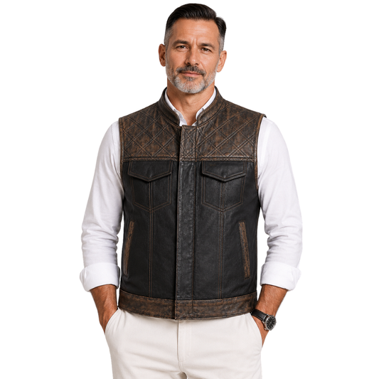 Men’s black and brown sheepskin leather vest front view